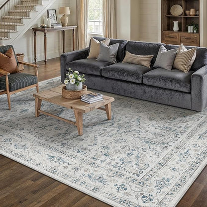 Blue 6x9 Area Rug Vintage Washable Living Room Carpet Non Slip Bedroom Indoor Office Low Pile Large Traditional Distressed Retro Accent Rug for Dining Room Bathroom Kitchen