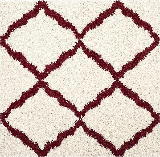 SAFAVIEH Dallas Shag Collection Area Rug - 4' Square, Ivory & Red, Trellis Design, Non-Shedding & Easy Care, 1.5-inch Thick Ideal for High Traffic Areas in Living Room, Bedroom (SGD257R)