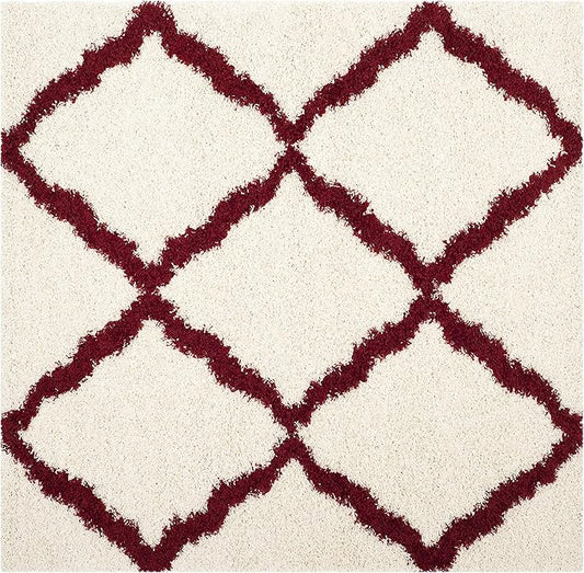 SAFAVIEH Dallas Shag Collection Area Rug - 4' Square, Ivory & Red, Trellis Design, Non-Shedding & Easy Care, 1.5-inch Thick Ideal for High Traffic Areas in Living Room, Bedroom (SGD257R)