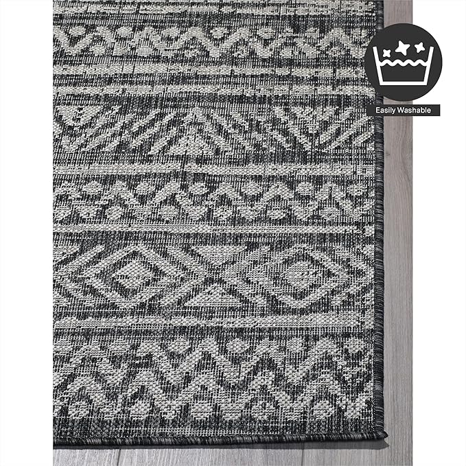 FH Home Flat Woven Outdoor Rug - Waterproof, Easy to Clean, Stain Resistant - Premium Polypropylene Yarn - Striped Boho - Large Patio, Deck, Sunroom - Amman - Charcoal - 7ft 10in x 10ft 9in
