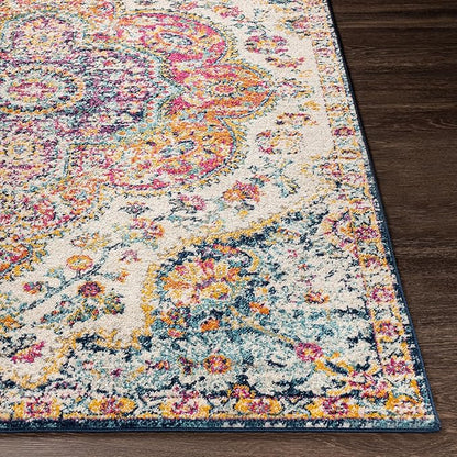 Livabliss Area Rugs - 7ft Round Romaine Vintage Boho Fuchsia Mustard Blue Round Area Rug for Living Room Bedroom - Floral Medallion Stain Resistant Carpet for Kitchen, Nursery, Office (6'7" Round)