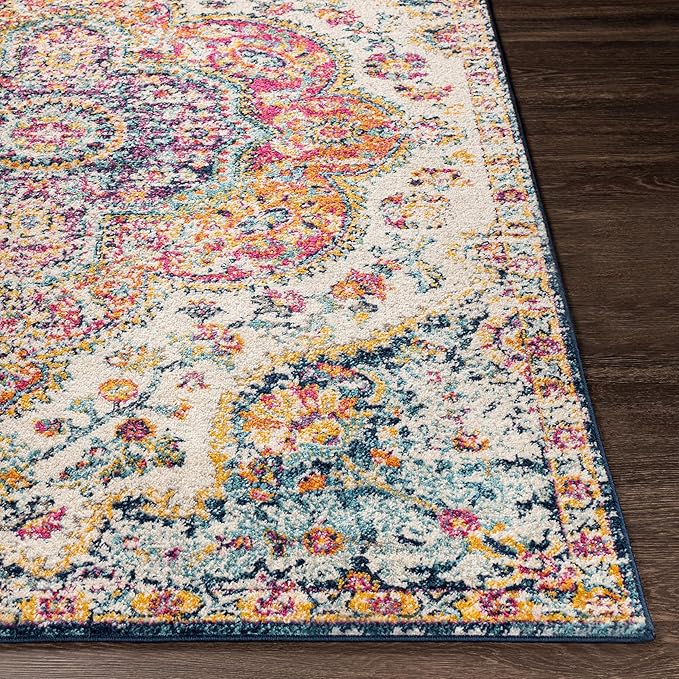 Livabliss Area Rugs - 5x7 Romaine Vintage Boho Fuchsia Mustard Blue Area Rug for Living Room Bedroom - Floral Medallion Stain Resistant Carpet for Kitchen, Nursery, Office (5'3" x 7'6")