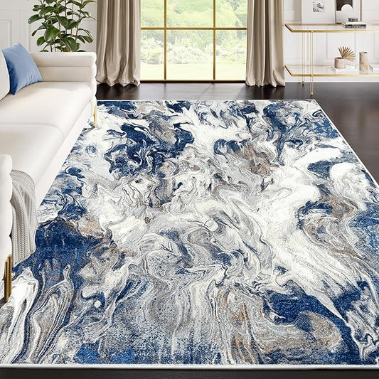 Abani Regal Blue Area Rug for Living Room, Bedroom - Swirl Abstract Pattern - 6' x 9' - Durable & Easy to Clean Washable