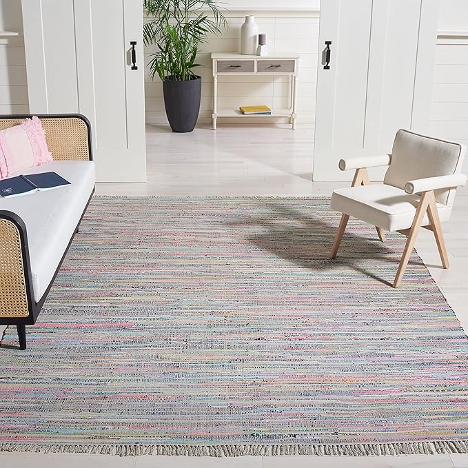 SAFAVIEH Rag Rug Collection Area Rug - 9' x 12', Grey & Multi, Handmade Boho Stripe Cotton, Ideal for High Traffic Areas in Living Room, Bedroom (RAR121M)