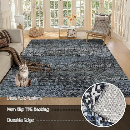 RUGSURE Washable Area Rug - 1/6 Thick - Stain & Water Resistant Non-Slip - Resistant Rug for Living Room, Bedroom, Nursery, Pet & Child Friendly, Vintage Charm Area Rugs (Darkgrey+Bule, 3' x 5 ')