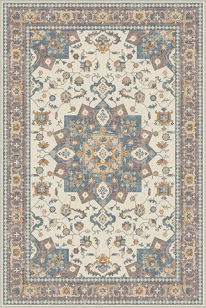 Dripex Vintage Washable Area Rug - 3x5 Entryway Rug for Indoor Door Mat Low-Pile Non-Slip Bedside Rug Bedroom Oriental Medallion Floral Print Carpet Soft Accent Rug Farmhouse Office Home Decor