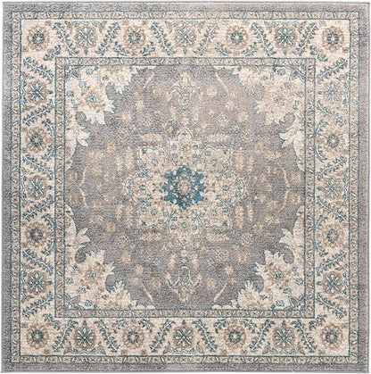 Unique Loom Salzburg Collection Classic Traditional Design Oriental Inspired Border Area Rug (5' 0 x 5' 0 Square, Gray/Beige)