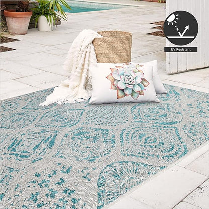 FH Home Flat Woven Outdoor Rug - Waterproof, Easy to Clean, Stain resistant - Premium Polypropylene Yarn - Distressed Farmhouse - Porch, Deck,Balcony,Laundry Room - Granada - Aqua - 2ft 7in x 4ft 11in
