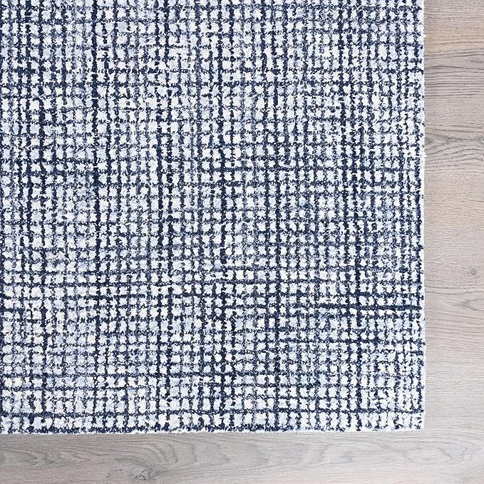 Hand-Tufted 100% Wool Pile Area Rug – Geometric Textured Grid Check Pattern – Thick and Durable Floor Carpet for Bedroom, Living Room, Kids Room, and Dining Area (Navy Blue, 5' x 8')