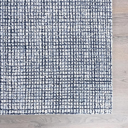 Hand-Tufted 100% Wool Pile Area Rug – Geometric Textured Grid Check Pattern – Thick and Durable Floor Carpet for Bedroom, Living Room, Kids Room, and Dining Area (Navy Blue, 1' x 1')