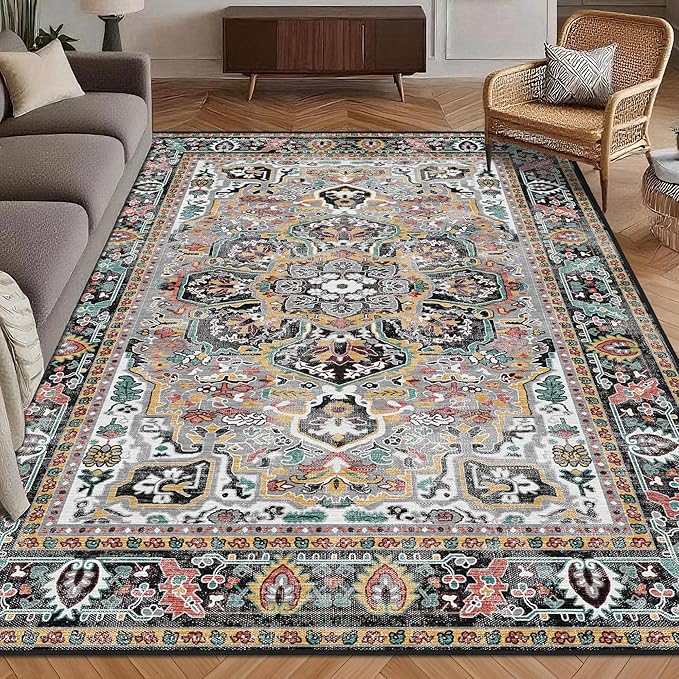 Washable Area Rug 3' x 5 ' Vintage Traditional Persian Mat - Foldable Distressed Non-Slip Machine Washable Carpet for Living Room Bedroom Kitchen Home Decor - Slate and Multicolor