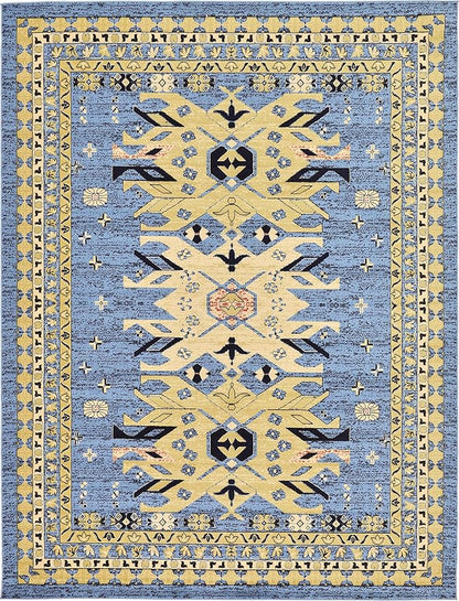 Unique Loom Taftan Collection Border Geometric Tribal Inspired Design Area Rug (9' 0 x 12' 0 Rectangular, Light Blue/ Gold)