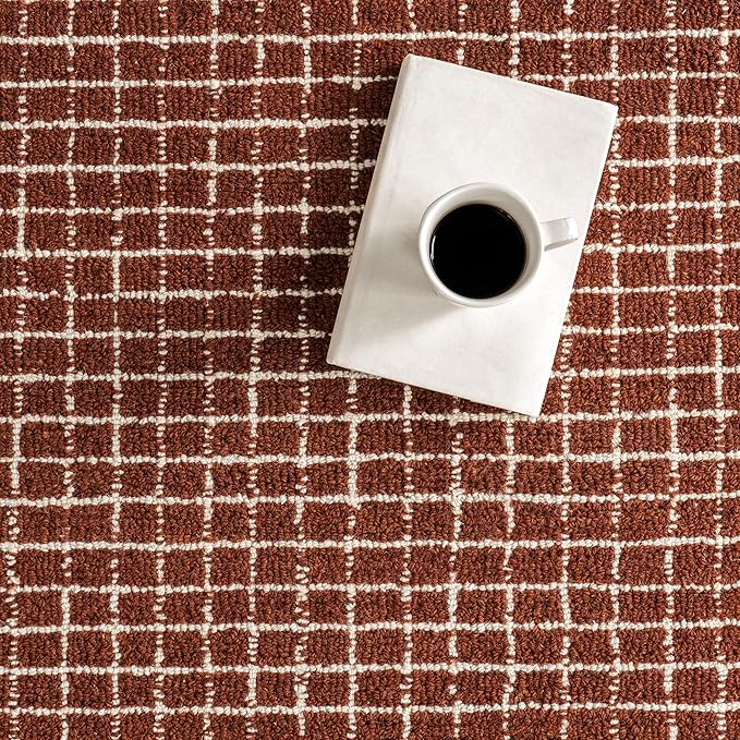 Rugs USA Melrose Checked Wool Area Rug - 5x8 Area Rug Contemporary Chestnut/Ivory for Living Room Bedroom Dining Room Kitchen