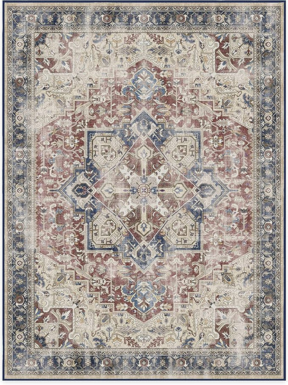 RUGGABLE Washable Vintage Area Rug – Kamran Royal Blue 9x12, Stain-Resistant, Non-Slip – Large Machine Washable Rugs for Living Room, Bedroom, Hallway, Entryway & Office–with Cushioned Pad