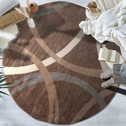 Rugshop Modern Wavy Circles Design Round Rug, Carpet with Jute Backing for Living Room, Dining Room, or Bedroom, Brown, 8' Round