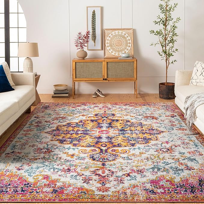 Livabliss Area Rugs - 9x12 Odelia Vintage Boho Beige Mustard Gray Area Rug for Living Room Bedroom - Floral Medallion Stain Resistant Carpet for Kitchen, Nursery, Office (9' x 12'6")