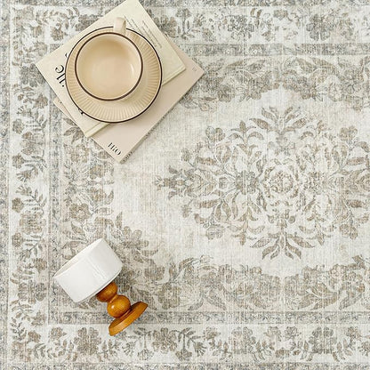 5x8 Area Rug Beige Washable Vintage Distressed Living Room Carpet Large Bedroom Indoor Neutral Medallion Floral Non Slip Retro Throw Floor Mat for Office Dining Room Kitchen Bathroom