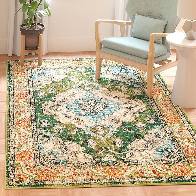 SAFAVIEH Monaco Collection Area Rug - 4' Square, Forest Green & Light Blue, Medallion Distressed Design, Non-Shedding & Easy Care, Ideal for High Traffic Areas in Living Room, Bedroom (MNC243F)