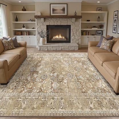 HUGEAR 8x10 Machine Washable Rugs Brown Beige Hallway Large Area Rug Indoor Accent Rug Floral Low Pile Carpet Soft Throw Aesthetic Rug Bedroom Living Room Office Dining Room Kitchen Laundry Room