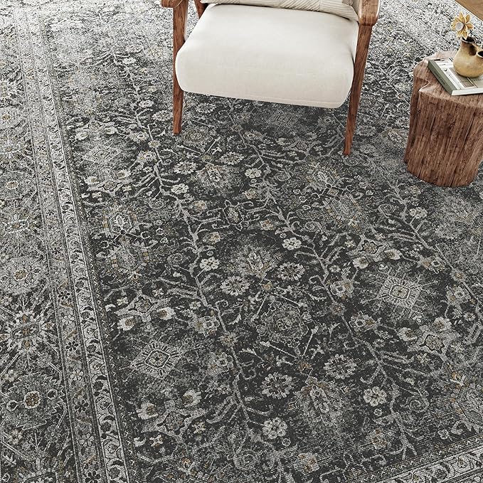 Black Entryway Rug 2x3 Vintage Area Carpet Indoor Kitchen Washable Door Mat Living Room Entrance Small Low Pile Traditional Distressed Retro Accent Throw Rug Non Slip Office Bathroom