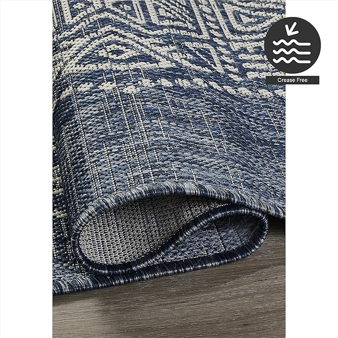 FH Home Outdoor Area Rug - Waterproof Easy to Clean Stain Resistant - Patio Indoor Outdoor Porch Deck Balcony Entryway - Boho Moroccan - Ariana - Blue - 7ft 10in x 10ft 9in