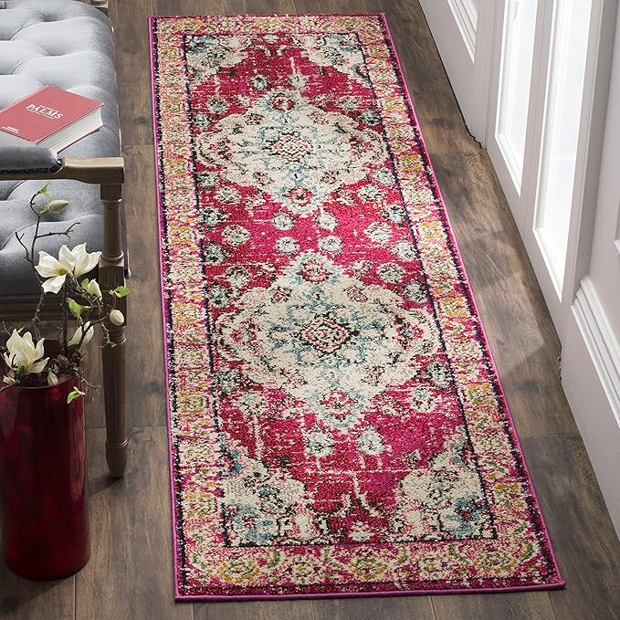 SAFAVIEH Monaco Collection Runner Rug - 2'2" x 22', Pink & Multi, Boho Chic Medallion Distressed Design, Non-Shedding & Easy Care, Ideal for High Traffic Areas in Living Room, Bedroom (MNC243D)