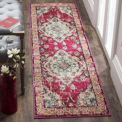 SAFAVIEH Monaco Collection Runner Rug - 2'2" x 22', Pink & Multi, Boho Chic Medallion Distressed Design, Non-Shedding & Easy Care, Ideal for High Traffic Areas in Living Room, Bedroom (MNC243D)