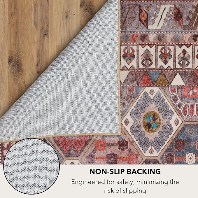Kuden Area Rug, Machine Washable, Non-Slip Backing, Vintage Style, Soft, Low Pile, Perfect for Living Room, Bedroom, Kitchen, Dining Room - [5x7, Red/Blue/Beige]