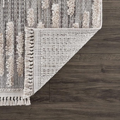 Hauteloom Poydras Farmhouse Living Room Bedroom Modern Moroccan Area Rug - Soft Shaggy High Low Carpet - High Pile - Bohemian, Boho - Gray, Beige, Cream - 6'7" x 9'