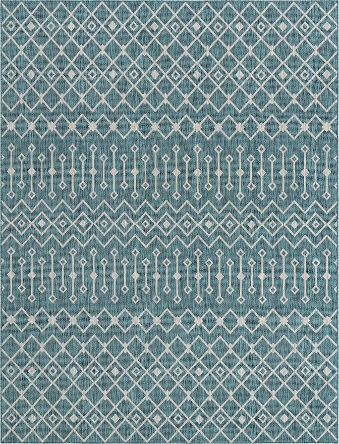 Unique Loom Outdoor Trellis Collection Area Rug - Tribal Trellis (10' x 13' 1" Rectangle, Teal/ Ivory)
