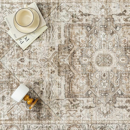 Brown Hallway Runner Rug 2x8 Vintage Washable Distressed Area Carpet Kitchen Indoor Non Slip Long Traditional Medallion Retro Accent Throw Rug for Bedroom Laundry Office Dining Living Room