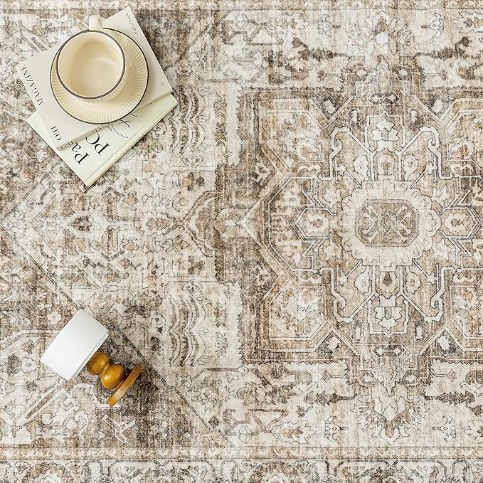 Brown Area Rug 6x9 Vintage Washable Distressed Living Room Carpet Large Indoor Non Slip Traditional Medallion Retro Low Pile Accent Throw Rug Bedroom Kitchen Office Dining Room