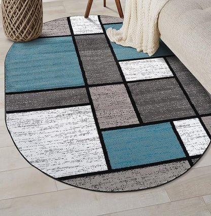 Rugshop Contemporary Modern Boxes for Home Office,Living Room,Bedroom,Kitchen Non Shedding Oval Area Rug 5' x 7' Blue