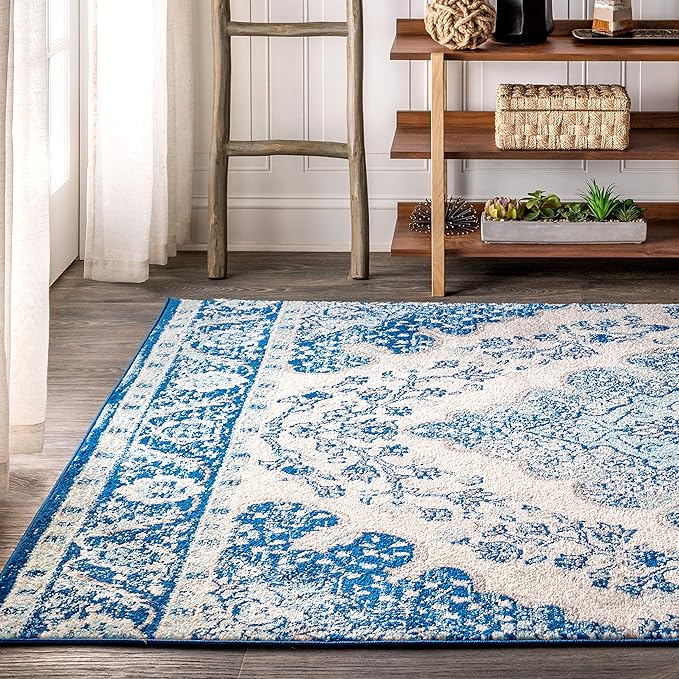 JONATHAN Y Boho Vintage Cream/Blue Indoor Area Rug, 9x12, Bohemian Flair Medallion, Floral Easy-Cleaning High Traffic for Living Room, Bedroom, Kitchen, Pet-Friendly, Non-Shedding (BMF106B-9)