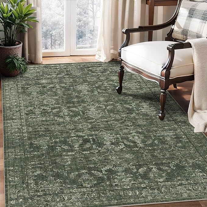 Washable Area Rug 4x6 Green Rugs for Living Room, Vintage Boho Large Rug for Bedroom Dining Room Office, Distressed Floral Print Carpet for Under Table, Soft Non Slip Low Pile Throw Carpet Indoor Mat
