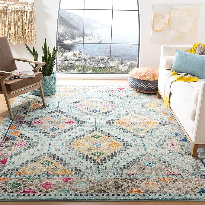SAFAVIEH Madison Collection X-Large Area Rug - 12' x 15', Blue & Yellow, Boho Diamond Distressed Design, Non-Shedding & Easy Care, Ideal for High Traffic Areas in Living Room, Bedroom (MAD418K)