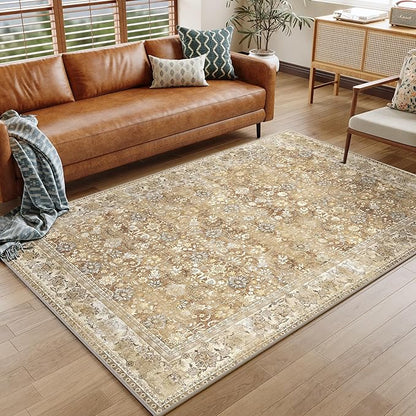 HUGEAR 4x6 Machine Washable Rugs Brown Beige Hallway Area Rug Indoor Accent Rug Floral Low Pile Carpet Soft Throw Rug Bedroom Living Room Office Dining Room Kitchen Laundry Room Non Slip