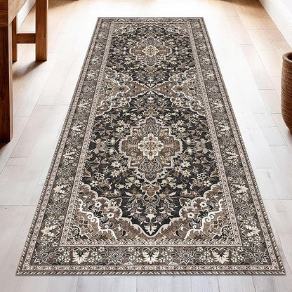 Washable Runner Rug 3x8 | Non Slip Rug Runners for Hallways, Entryways, Kitchens, Bathrooms, Bedrooms | Ultra-Soft Flannel Carpet Runners with Rubber Backing (Black Brown, 3x8)