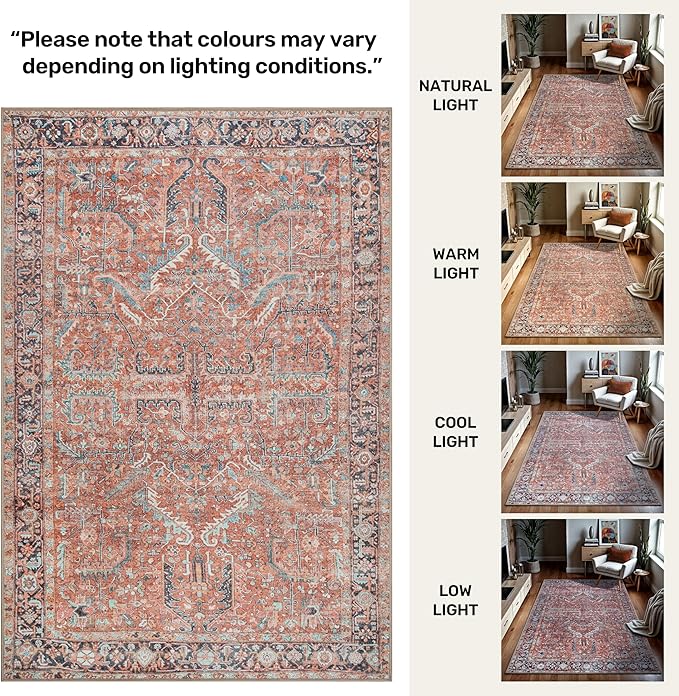GLN Rugs Traditional Collection - Machine Washable Area Rug, Traditional Washable, Non Slip, Low Pile Chenille Rug, Living Room, Bedroom, Kitchen Rug (3' x 5' Terra/Multicolor 1168)