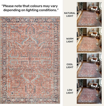 GLN Rugs Traditional Collection - Machine Washable Area Rug, Traditional Washable, Non Slip, Low Pile Chenille Rug, Living Room, Bedroom, Kitchen Rug (3' x 5' Terra/Multicolor 1168)