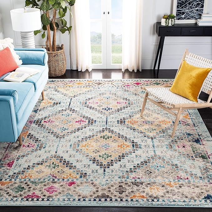 SAFAVIEH Madison Collection Area Rug - 10' x 14', Blue & Yellow, Boho Diamond Distressed Design, Non-Shedding & Easy Care, Ideal for High Traffic Areas in Living Room, Bedroom (MAD418K)