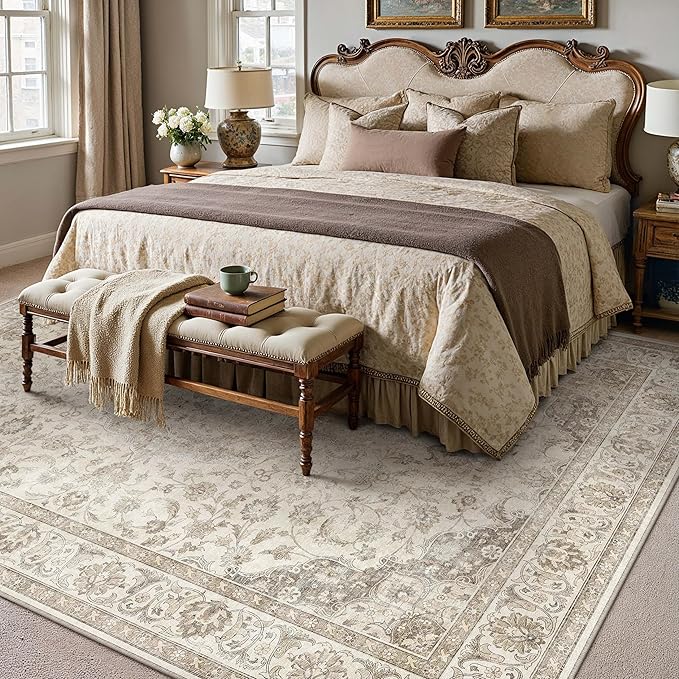 HUGEAR Area Rug 6x9 Vintage Brown Machine Washable Living Room Rugs Thin Neutral Floral Vacuumable Low Pile Carpet Bedroom Office Dining Room Laundry Room Non Slip Soft Lightweight