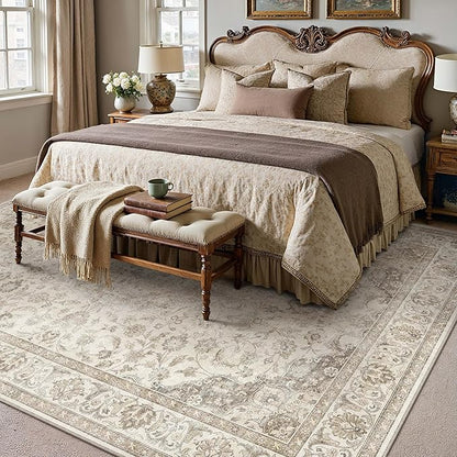HUGEAR Area Rug 6x9 Vintage Brown Machine Washable Living Room Rugs Thin Neutral Floral Vacuumable Low Pile Carpet Bedroom Office Dining Room Laundry Room Non Slip Soft Lightweight