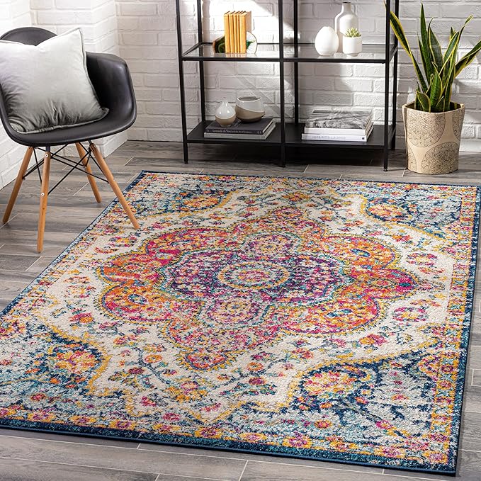Livabliss Area Rugs - 7ft Round Romaine Vintage Boho Fuchsia Mustard Blue Round Area Rug for Living Room Bedroom - Floral Medallion Stain Resistant Carpet for Kitchen, Nursery, Office (6'7" Round)