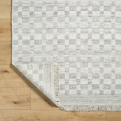 Mark&Day Wool Rugs, 8x10 Clinten Solid and Border Light Gray Checkered Rug, Grey Ivory Carpet for Living Room, Bedroom or Kitchen (8' x 10')