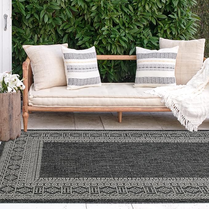 FH Home Flat Woven Outdoor Rug - Waterproof, Easy to Clean, Stain Resistant - Premium Polypropylene Yarn - Bordered Moroccan - Patio, Porch, Deck, Balcony - Accra - Charcoal - 5ft 2in x 7ft 6in