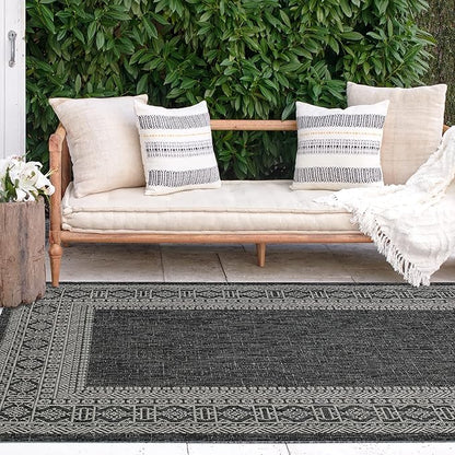 FH Home Flat Woven Outdoor Rug - Waterproof, Easy to Clean, Stain Resistant - Premium Polypropylene Yarn - Bordered Moroccan - Patio, Porch, Deck, Balcony - Accra - Charcoal - 5ft 2in x 7ft 6in