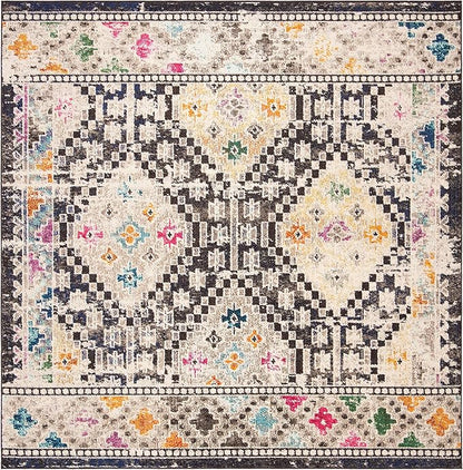 SAFAVIEH Madison Collection Area Rug - 6'7" Square, Black & Yellow, Boho Diamond Distressed Design, Non-Shedding & Easy Care, Ideal for High Traffic Areas in Living Room, Bedroom (MAD418Z)
