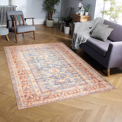 GLN Rugs Traditional Collection - Machine Washable Area Rug, Traditional Washable, Non Slip, Low Pile Chenille Rug, Living Room, Bedroom, Kitchen Rug (6' x 9' Terra/Slate Blue)
