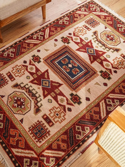 Hand Knotted Wool & Silk ECO-Friendly Oriental Area Rugs - 4'x6', Rectangle Shape, Cream Burgundy Color, Classic Oriental Traditional, Medium Pile Handmade Area Rugs (AF0102)